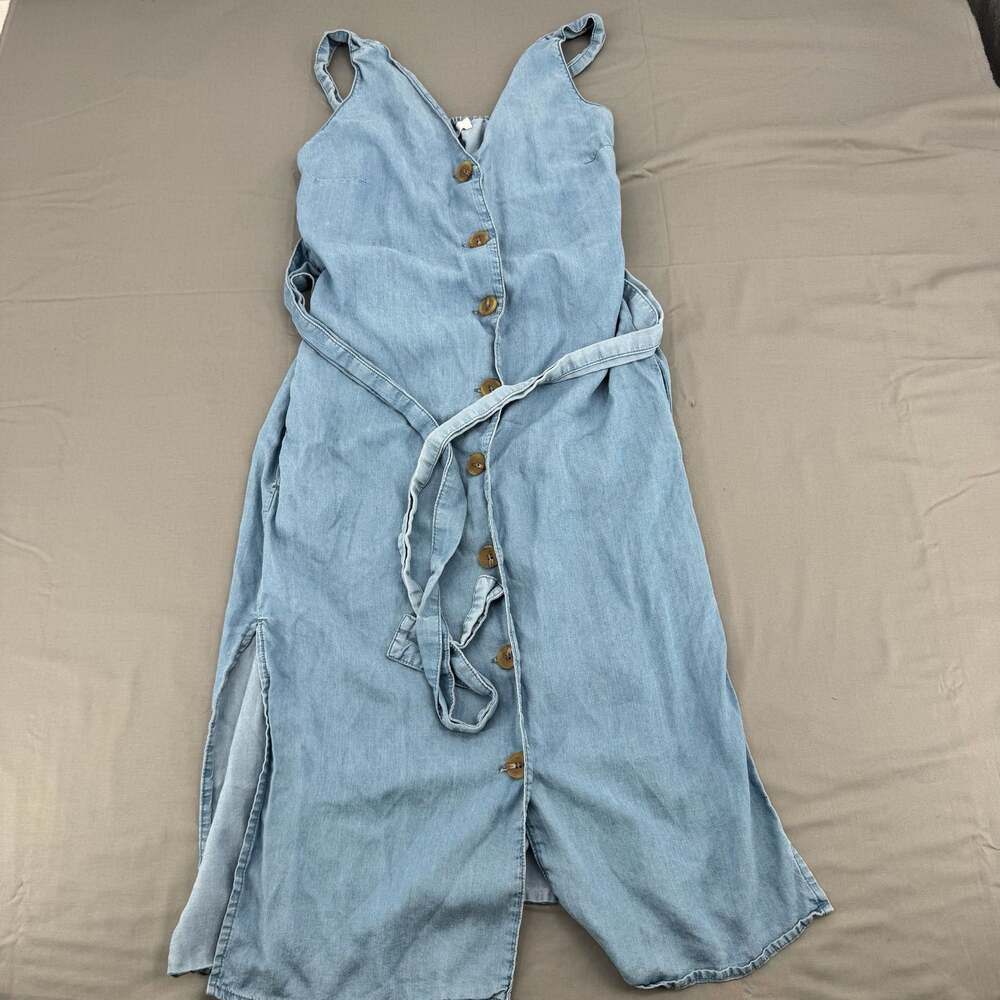 Lone Tree Light Blue Denim V-Neck Sleeveless Dress with Drawstring Waist